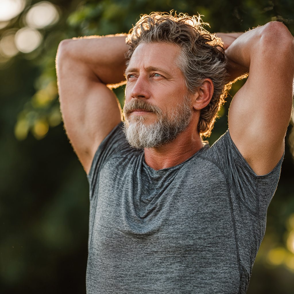 Mature man in his early fifties demonstrating functional fitness exercises outdoors, showing proper stretching form with a backdrop of green nature, exemplifying healthy active lifestyle